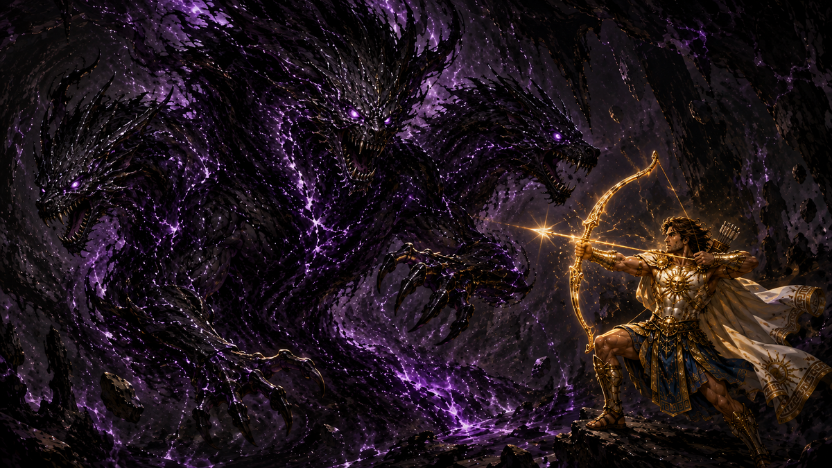 Apollo draws a golden bow against the three-headed Chimaera in a violet cavern
