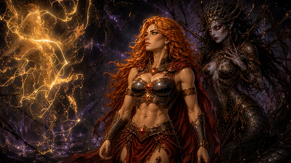 Cyrene standing between a luminous golden figure and Lamia