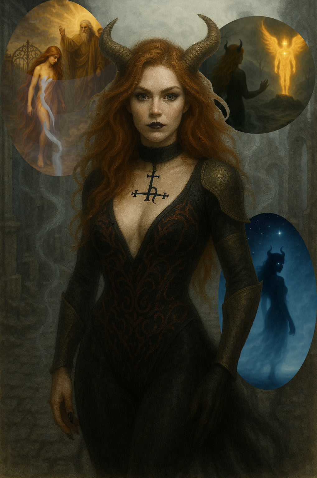 Lilith before scenes of divine light, exile, shadow, and Samael
