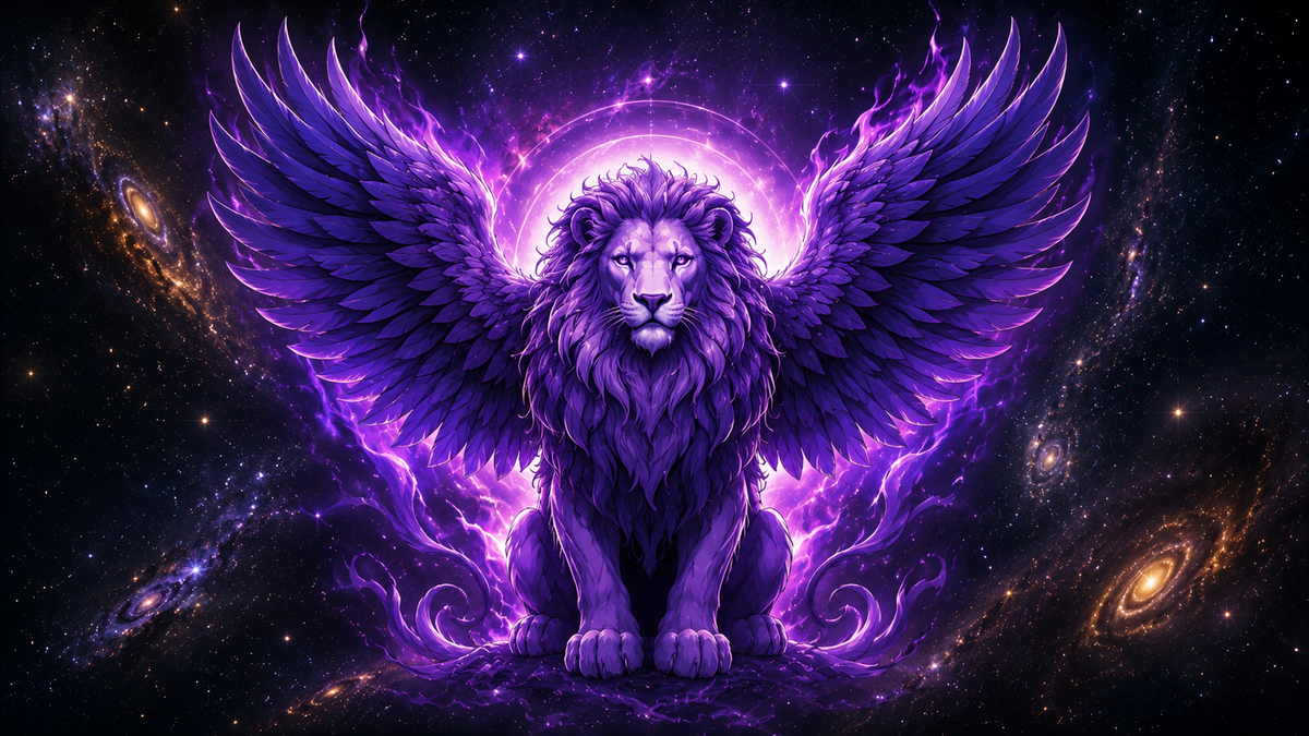 A violet winged lion surrounded by stars, galaxies, and cosmic light